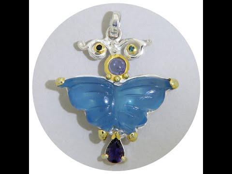Pandantiv Argint 925 Accente Aurite Acvamarin Gravat Manual Ametist Naturale Fluture
