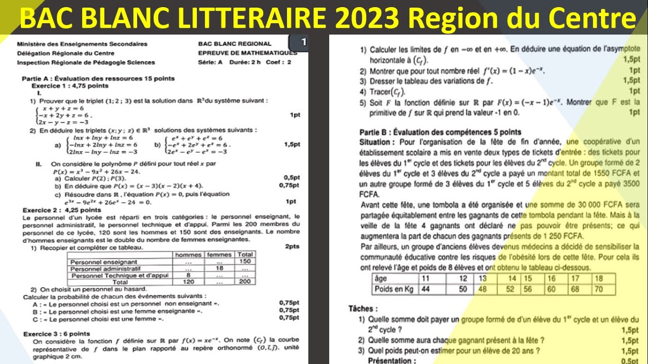 Sujet et corrigé bac blanc 2023 #mathématiques (#bac littéraire, région du centre)