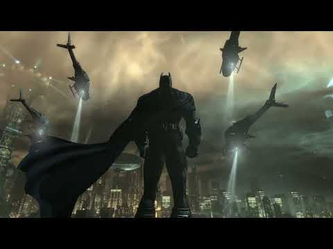 Batman: Arkham City launch trailer key art frame with Batman overlooking Arkham City skyline