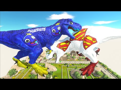 BLUE (Rainbow Friends) T-rex Vs White Spiderman on Stone Island - Animal Revolt Battle Simulator
