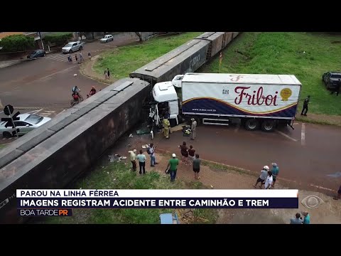 Câmera flagra trem atingindo caminhão em Mandaguari no Paraná