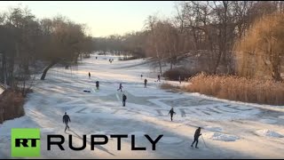 Germany: 'Let's dance' carved on frozen Berlin pond in tribute to David Bowie