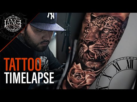 Tattoo Timelapse: Realism in Black and gray - Jaguar with rose