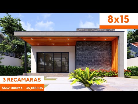 house design Plano de casa de un piso de 8x15 con 3 Recamaras home design