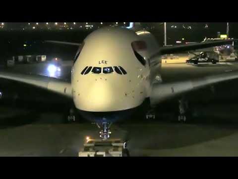 Airbus A380 British Airways. Night Pushback at Hong Kong Airport. Flight  BA026 to London Heathrow