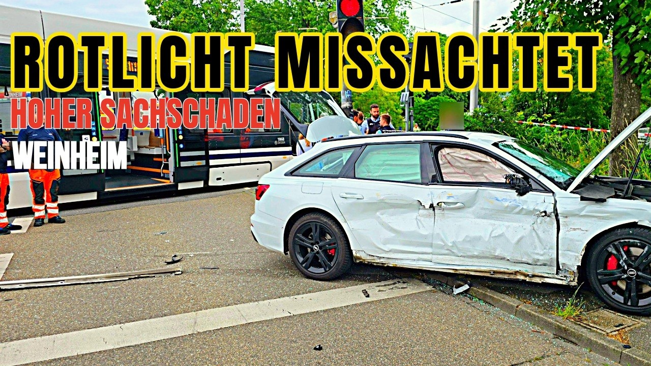 Rotlicht missachtet: Straßenbahn kollidiert mit Audi in Weinheim – hoher Sachschaden