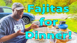 cooking fajitas while car camping at a state park