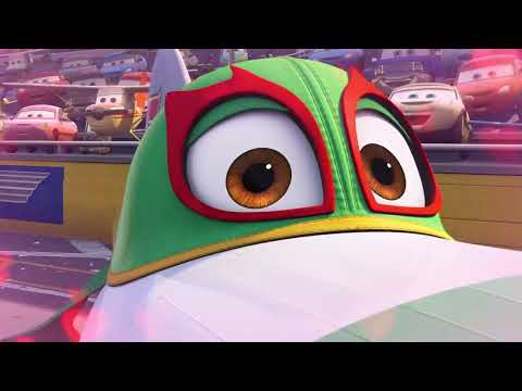 Official trailer frame: Dusty Crophopper banks over a cloud sea as triumphant brass swells