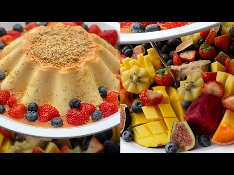 Feest-fruitbord met luchtige  flan en karamelsaus