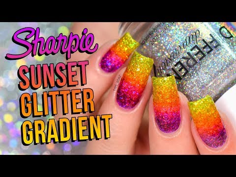 DIY Sharpie Sunset Holo Glitter Gradient #SummerIsOverParty Nails