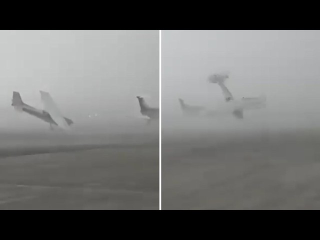 Un violento vendaval arrastra y vuelca aviones como si fueran de papel