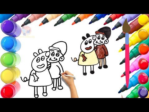 How To Draw cute Peppa Pig With Boy Drawing, Painting & Coloring For Kids and Toddlers_🌈🎨