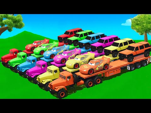 TRANSPORTING POLICE CARS, MCQUEEN & NISSAN PATROL WITH TRUCKS - Farming Simulator 25