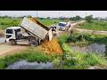First Started New Project Dump Truck Filling Land Delete Field By Skillful Dozer D21P Pushing Soil