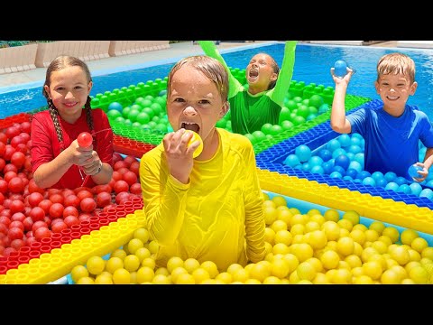 Челлендж с четырьмя цветными водяными шариками