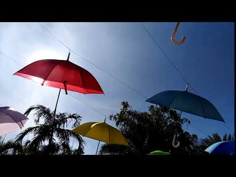 Umbrella hanging on the sky and flying with the wind for Flowers Festival at Khon Kaen, Thailand.