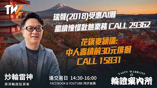瑞聲(2018)受惠AI潮 繼續憧憬散熱業務 CALL 29362 花旗麥穎儀: 中人壽績前30元徘徊 CALL 15831｜雷神 Vivian｜Tasty Warrants 2026-08-27