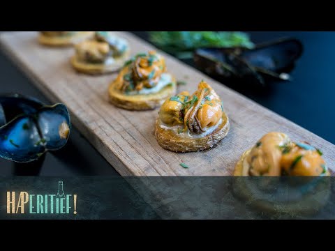 Canapé van aardappel en mosseltjes met dragondressing - Hapje | HAPeritief!