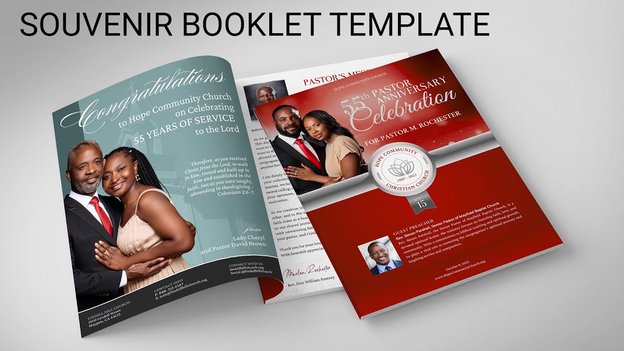 Church Souvenir Book Template, Canva, Red Silver, Pastor and Church Anniversary 24 Page, 8.5x11
