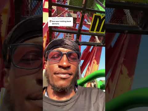 Guy rides on Lex Luthor Drop of Doom and has absolutely no reaction at all!