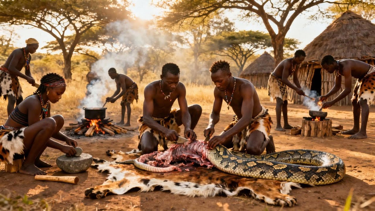 Hunting Giant Pythons and Cooking Ancient Way - Surviving in the Wild | Hadzabe Tribe Hunting