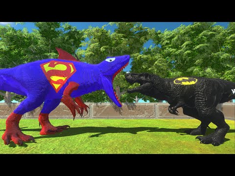 SUPERMAN CARCHAROMONSTRUM vs BATMAN T-REX FOREST DEATH RUN - Animal Revolt Battle Simulator