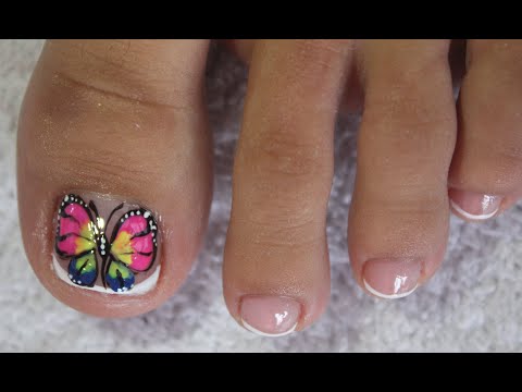 DISEÑO DE UÑAS PARA PIES MARIPOSA Y FRANCES – BUTTERFLY NAIL ART – FRENCH NAIL ART – NLC