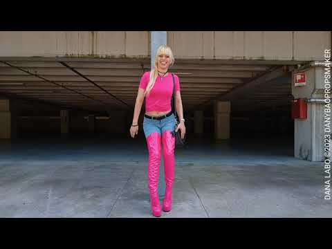 DANA LABO 4K - Barbie - inspired outfit , shiny pink boots overknee high heels and  blue jeans