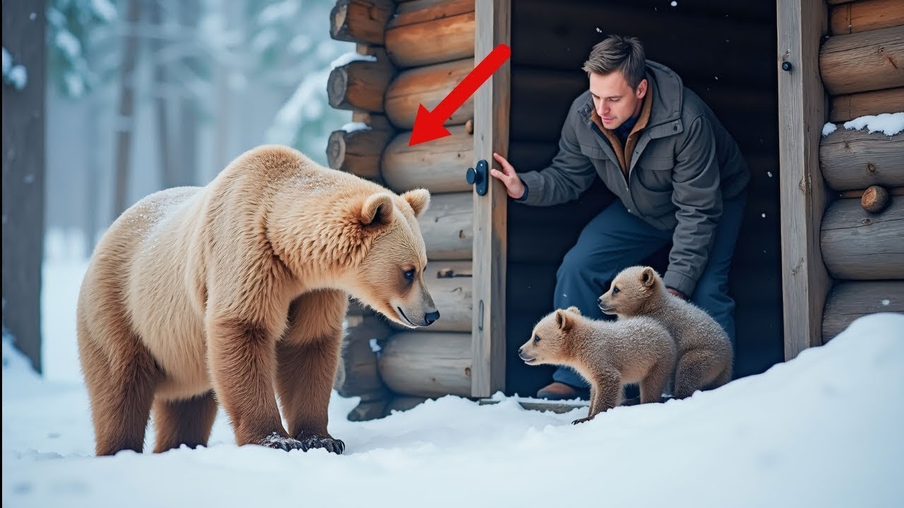 Bear Freezes With Two Cubs, The Man's Decision To Open The Door Will Amaze You!