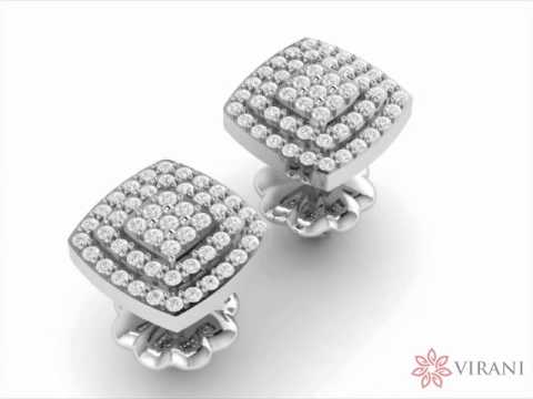 Square Pave Diamond Stud Earring - 3D - Virani