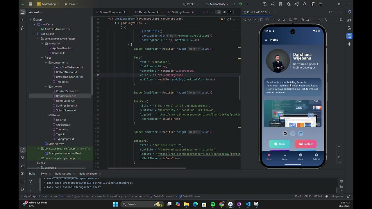 MyInfoApp | Android Portfolio App in Kotlin & Java | Jetpack Compose + Android Studio Demo