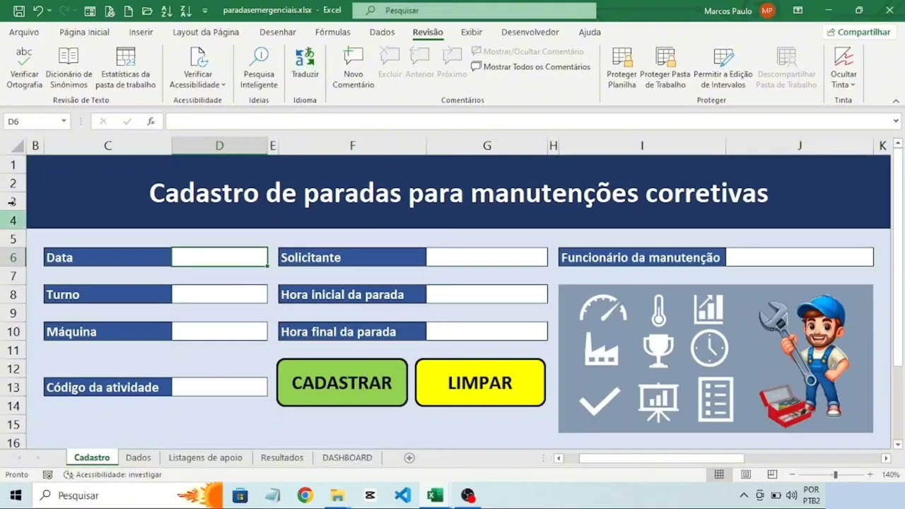 Desenvolvimento da planilha de cadastro automático sem VBA | Cadastro de manutenções corretivas