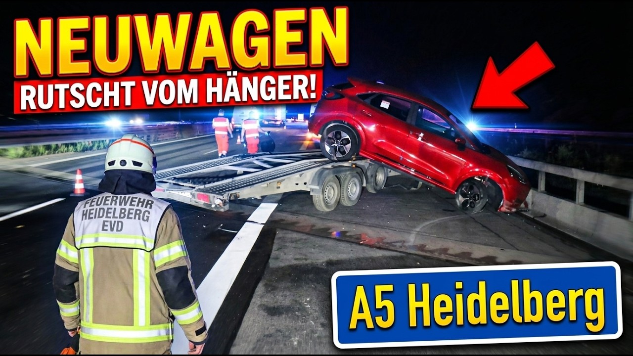 Neuwagen rutscht nach Auffahrunfall auf der A5 bei Heidelberg von Autotransporter