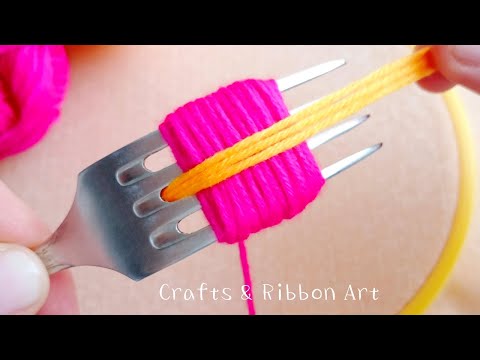 Super Easy Woolen Flower Making Trick Using Fork -Hand Embroidery Amazing Flower Design -Sewing Hack