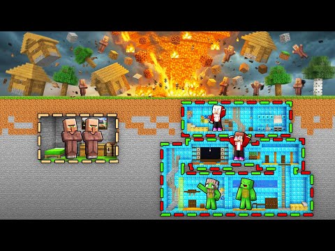 Villagers TINY & JJ and Mikey GIANT Family Bunker vs LAVA TORNADO in Minecraft (Maizen)