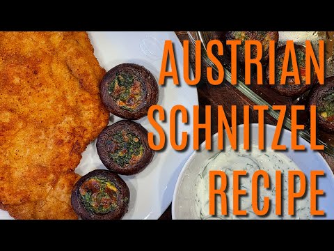 Austrian Schnitzel Recipe with Yogurt & Cucumber Sauce + Stuffed Mushrooms