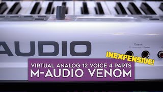 Video thumbnail for M-Audio Venom - inexpensive 12 voice, 4 part multitimbral virtual analog synthesizer by Floyd Steinberg