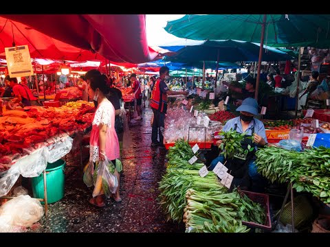 [4K] Entre no maior mercado local de produtos frescos de Bangkok no Mercado Khlong Toei