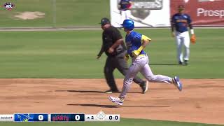 Robbie Perkins slams home a solo shot to put Brisbane on the board