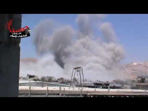 رصد كتيبة شباب الإسلام لعملية تفجير وتدمير منازل المدنيين في منطقة أوتوستراد دمشق-حمص غرب مدينة حرستا في ريف دمشق