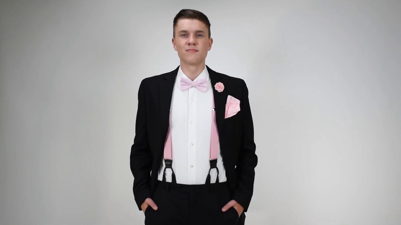 Pink Suspenders, Pocket Square, Bow Tie & Lapel Flower