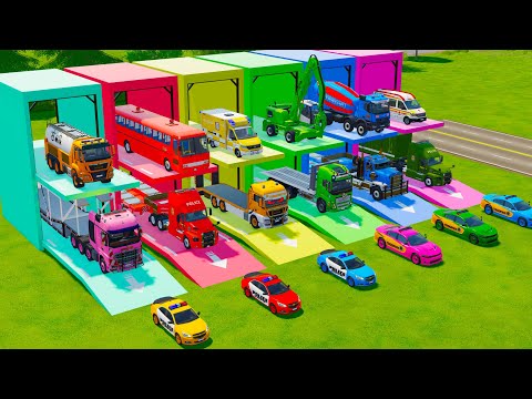 TRANSPORTING AMBULANCE, EXCAVATOR, POLICE CARS, MILK TANK TRUCK, FIRE RESCUE TO GARAGE - FS22