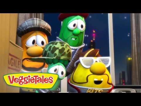 Four VeggieTales characters look surprised while peeking from a doorway at night; VeggieTales logo in the bottom left corner.