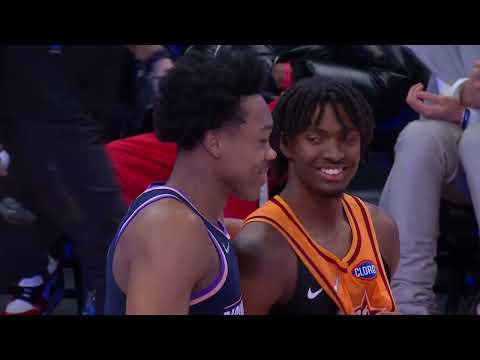 Mic’d Up: Tyrese Maxey and Scottie Barnes hug during the 2022 NBA Skills Challenge