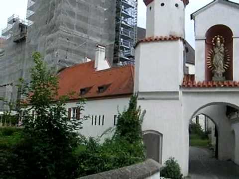Walking through alley in historic Dillingen, Bavaria, Germany