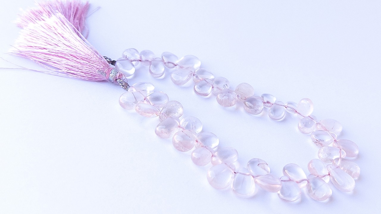 Rose Quartz | Smooth Briolette | 7-8.5mm Bead Size | 22cm Strand Length video