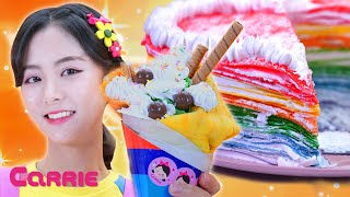 무지개 크레이프 케이크와 악마의 크레페 만들기 | 캐리 쿠킹 하우스