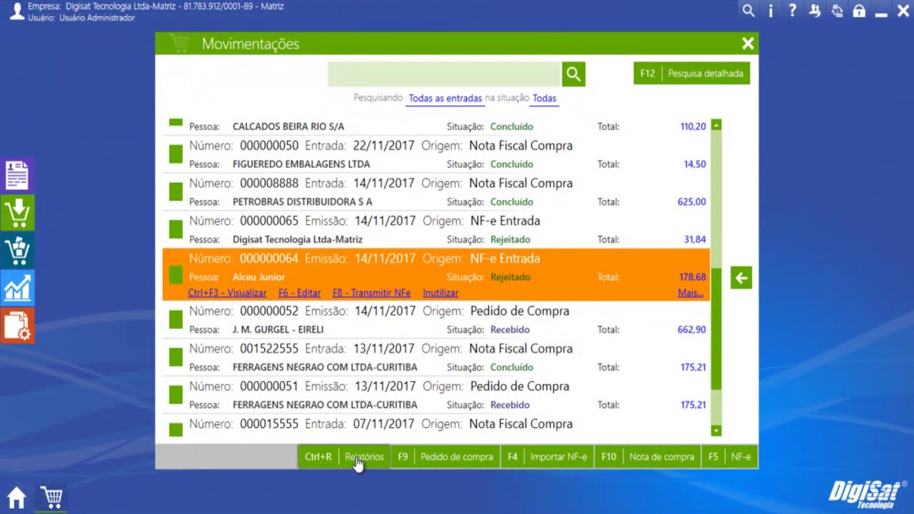 Movimentação de entrada