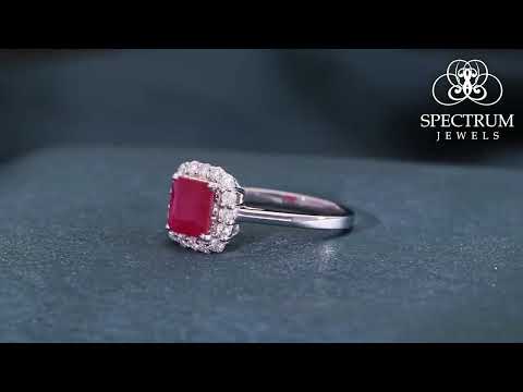 Natural Ruby & Diamond Halo Engagement Ring in 18k White Gold, Dainty Ruby Jewelry (SER-23165)