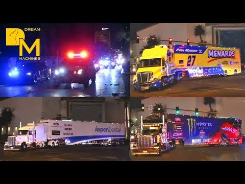 FREAKING AWESOME NASCAR TRUCK CONVOY LAS VEGAS 🏁 Trucks Hauler Parade on the strip DREAM MACHINES